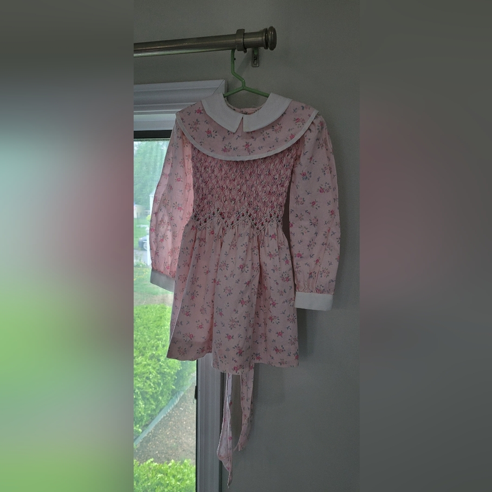 Vintage Polly Flinders Pink Floral Kids Smocked Dress